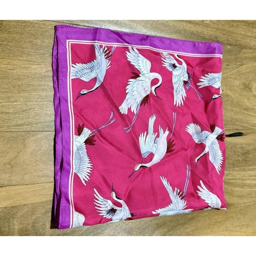Vintage Pink Flying Cranes Square Neck Scarf Silky 21
